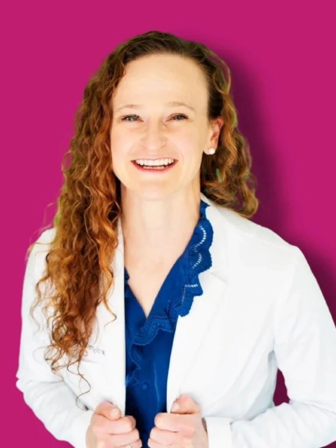 Woman with curly hair, pink background